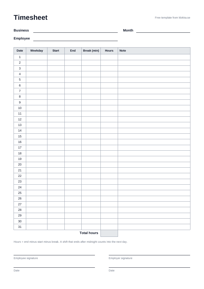 Preview of the timesheet template: an A4 page with Business, Employee and Month fields, a row per day from 1 to 31 with start, end, break, hours and note, a total row and signatures for employee and employer.